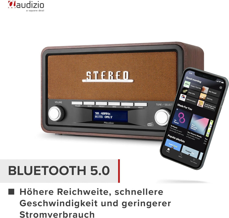 Audizio Foggia, Retro Radio, DAB Plus Radio, Bluetooth, Alarmfunktion, Radiowecker, Nostalgie Radio,