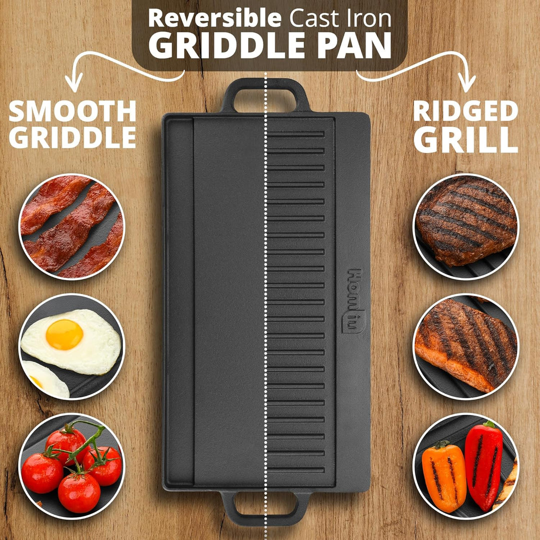 Homiu Gusseisen Grillplatte mit 2 Griffen| Grillpfanne | Grill Platte für Feuerstelle, Grillplatz, L