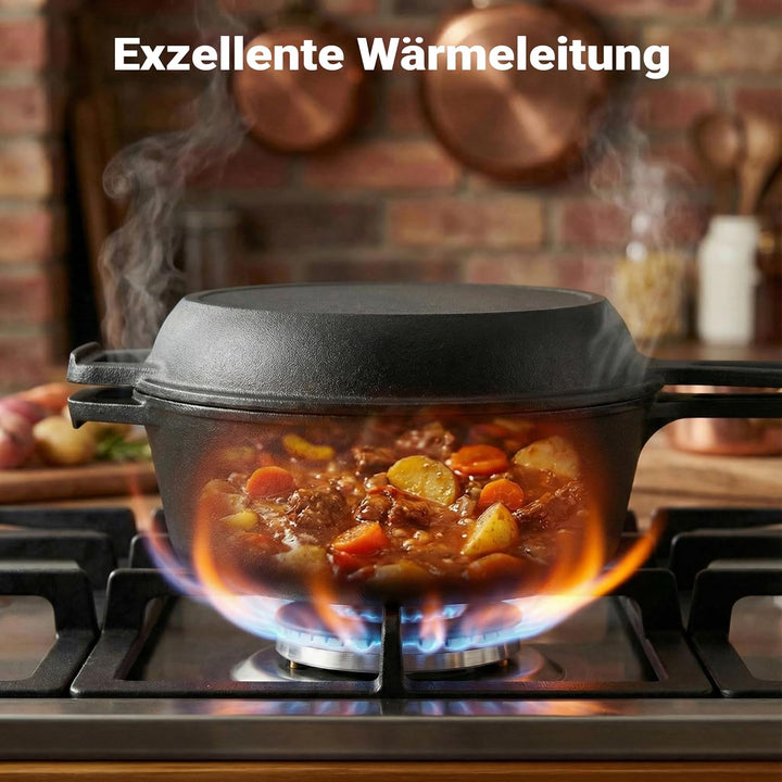 Wiltec 2in1 Dutch Oven 42 x 26 x 12 cm Grilltopf aus Gusseisen, Schmortopf mit Doppelfunktion 4,6L,