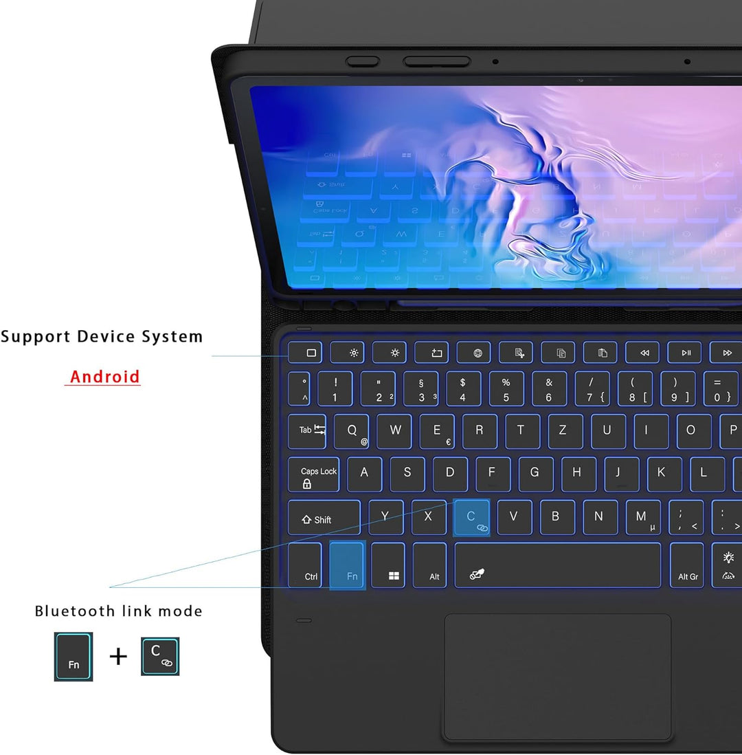 Tastatur Hülle für Samsung Galaxy Tab S9 FE / Tab S9 - 7 Farbige Beleuchtung Touchpad Tablet Cover m