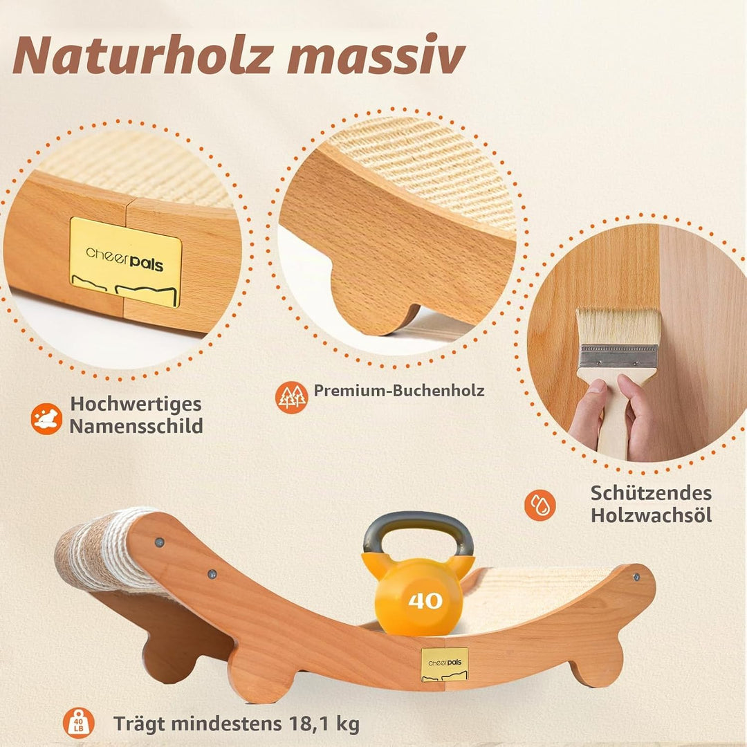 CheerPals Sisal Kratzbrett Katzen mit Sisalkugel - 160° Gebogenes Design, Massives Buchenholz &amp; Natü