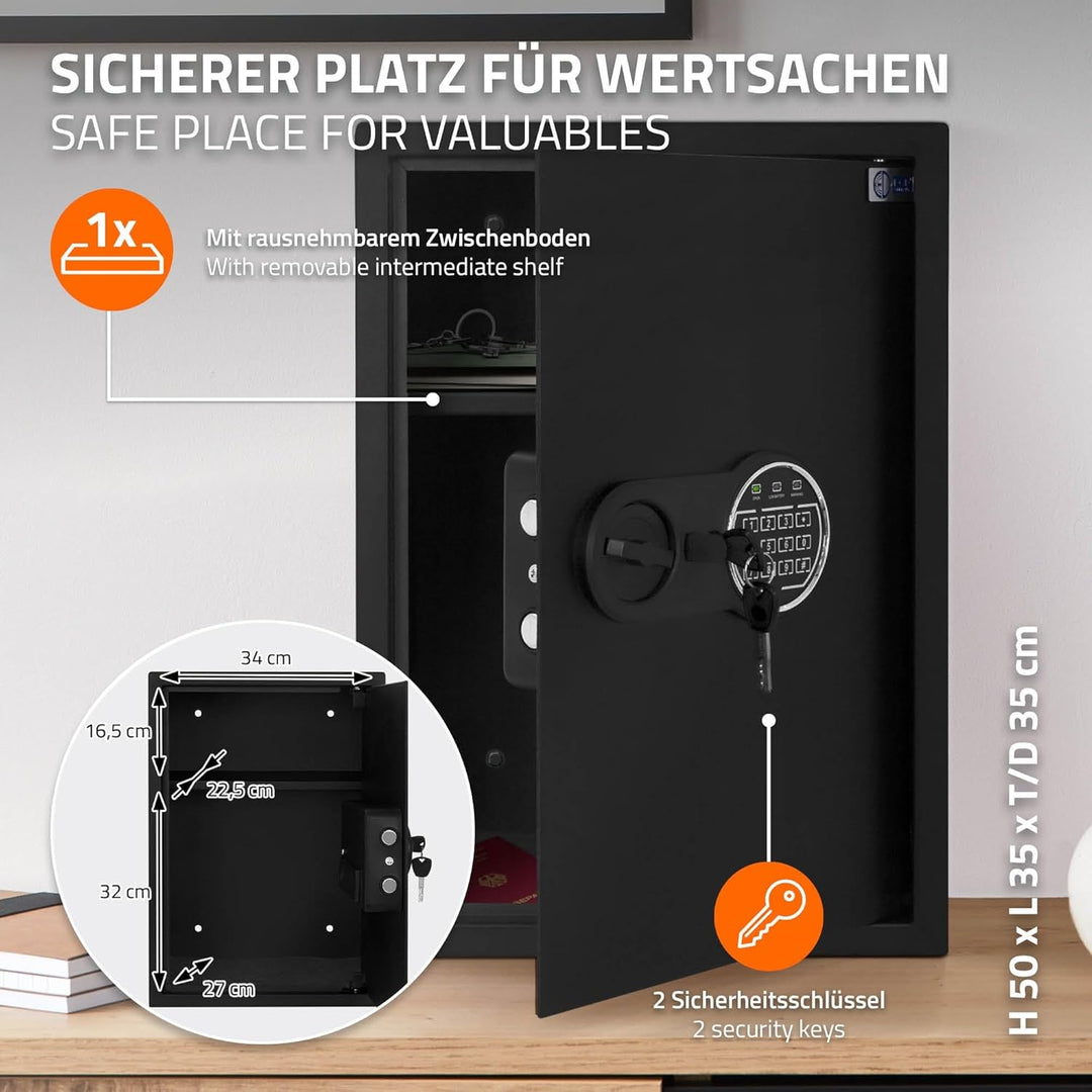 ECD Germany Safe Tresor 43L XL 35x50x31 cm, Wandtresor aus Stahl mit Sensorlicht und Digitale Tastat