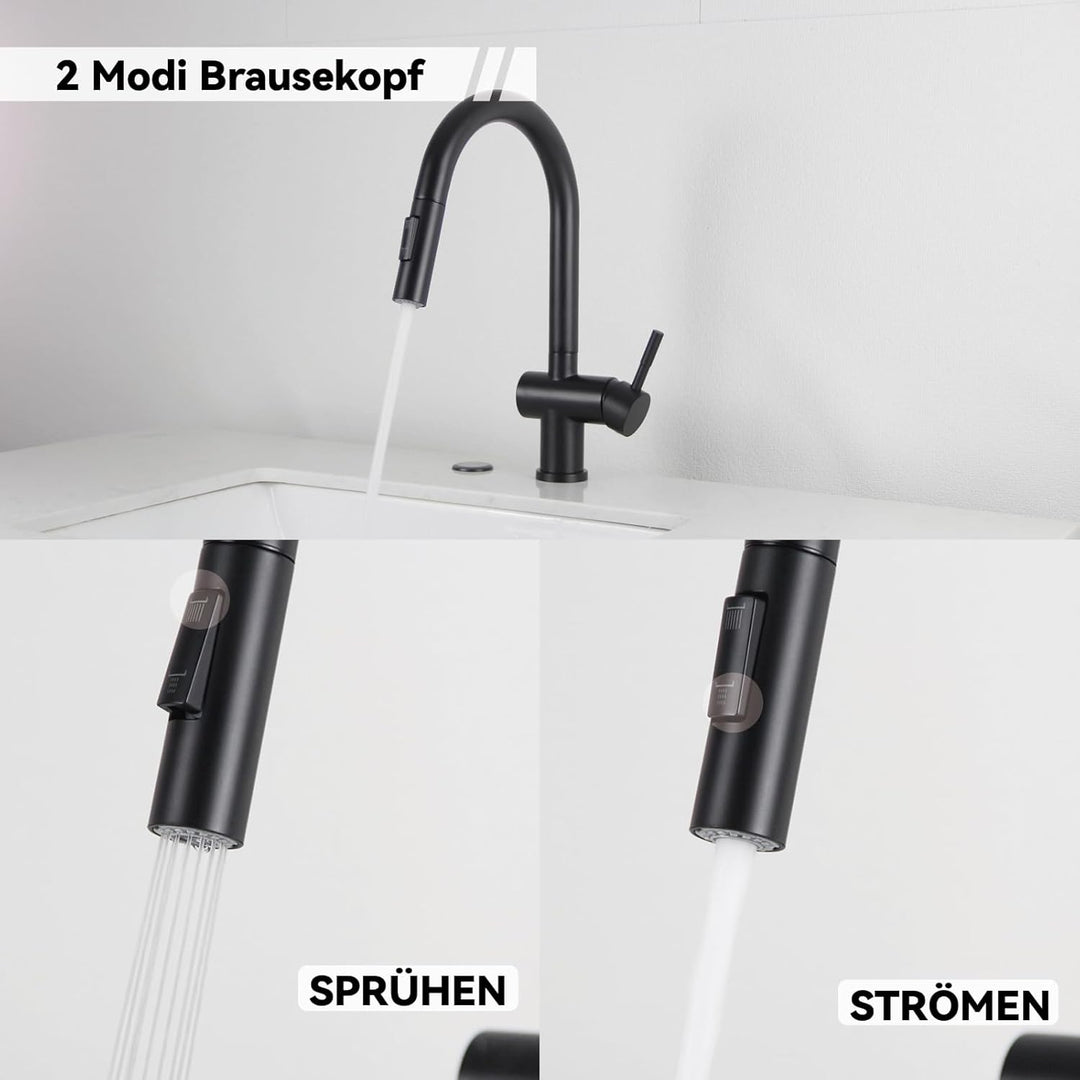 Wasserhahn Küche Schwarz, Hochdruck Küchenarmatur mit Brause Ausziehbar 2 Wasser Modi, 360° Drehbar