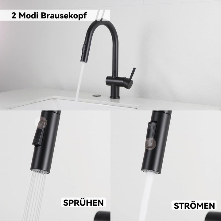 Wasserhahn Küche Schwarz, Hochdruck Küchenarmatur mit Brause Ausziehbar 2 Wasser Modi, 360° Drehbar