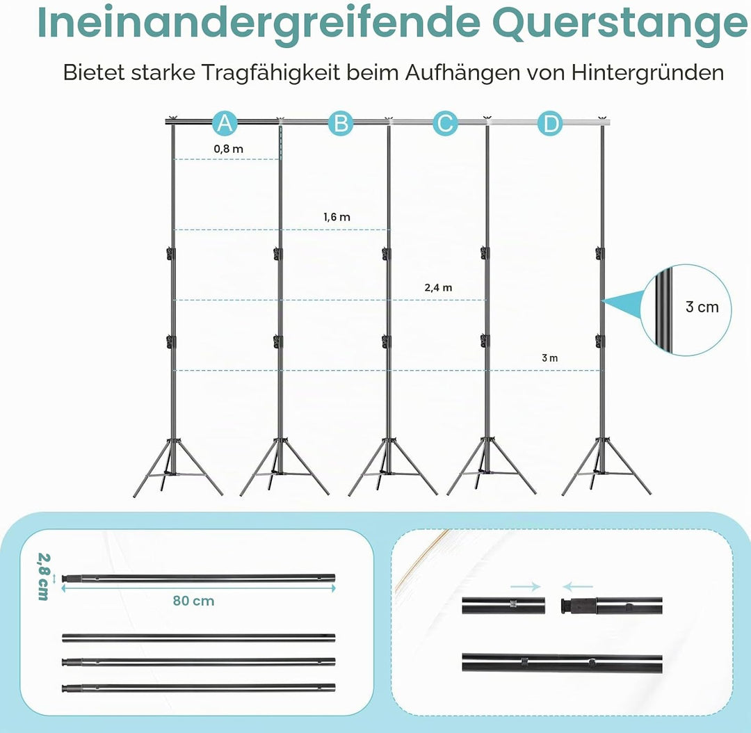 EMART 2,8x3m Hintergrundsystem stabiles Hintergrund Ständer belastbar bis 13,6kg mit 2 Klemmen, Back
