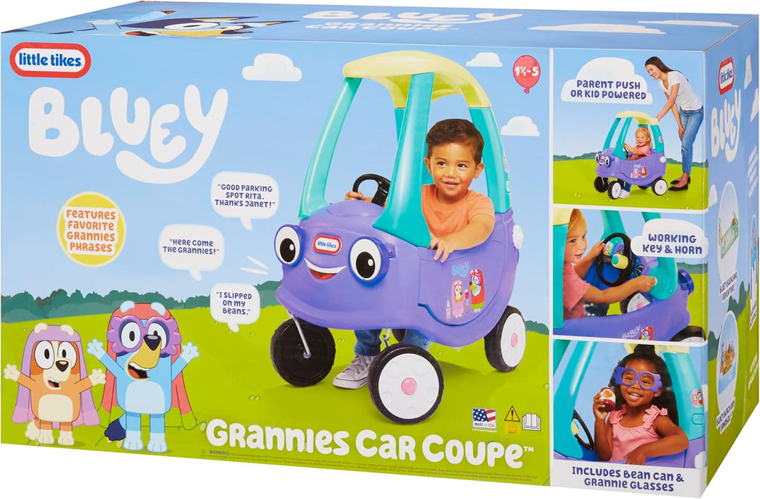 Little tikes Bluey Grannies Car Coupe - Mit 2 Zubehörteilen, Bluey Aufsitzauto, für Jungen und Mädch