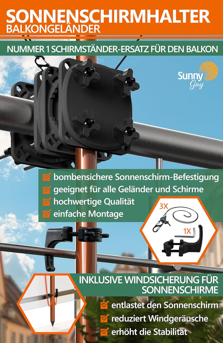 4smile Sonnenschirmhalter Balkongeländer SunnyGuy 2.0 in Schwarz + Windsicherung für Sonnenschirme -