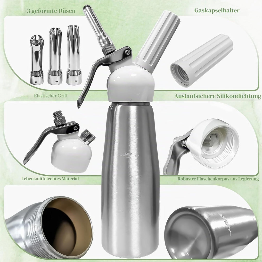 Sahnespender, Sahnesyphon, Sahnespender Edelstahl 500ml, Espuma Flasche, für Sahne, Schlagsahne, Mou
