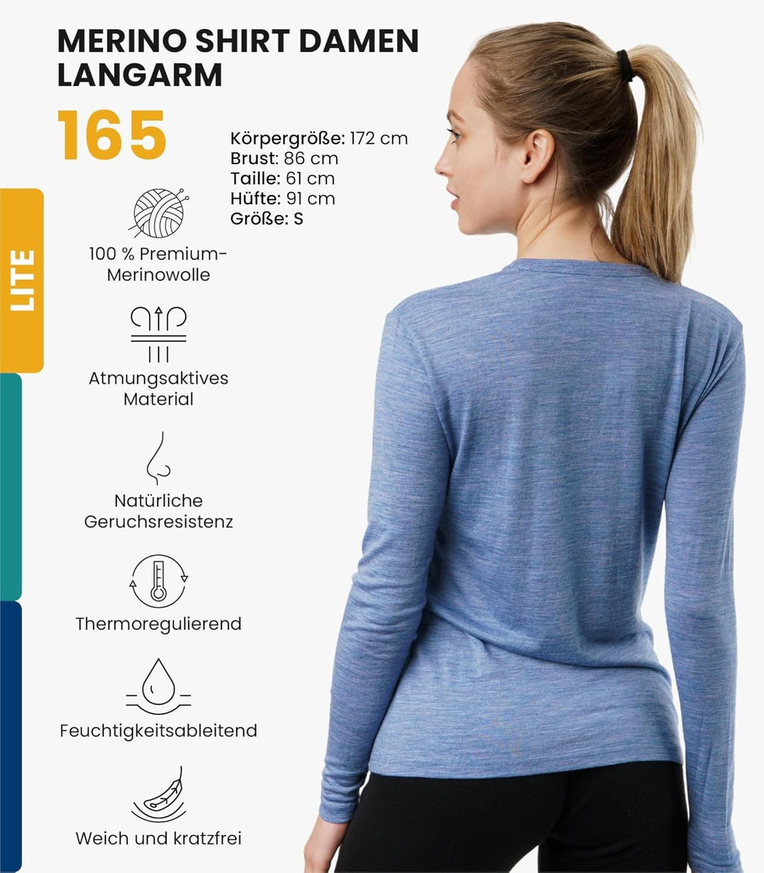 Merino.tech Merino Shirt Damen Langarm - Premium 100% Merino Unterwäsche Damen Leichte, Mittel, Schw