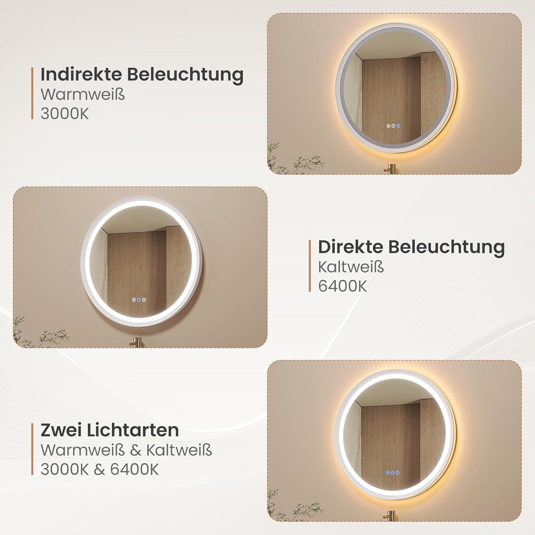 AQUABATOS Badspiegel mit Beleuchtung Rund 60 cm Aluminiumrahmen Schrägdesign weiss matt direkte und