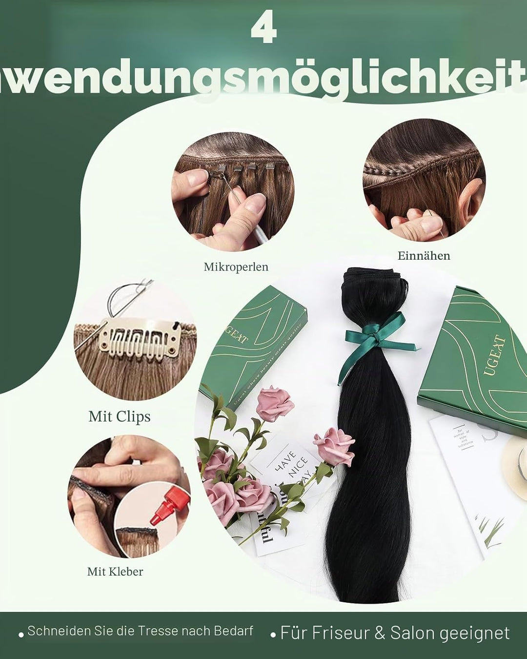 Ugeat Tressen Extensions Echthaar Schwarz 