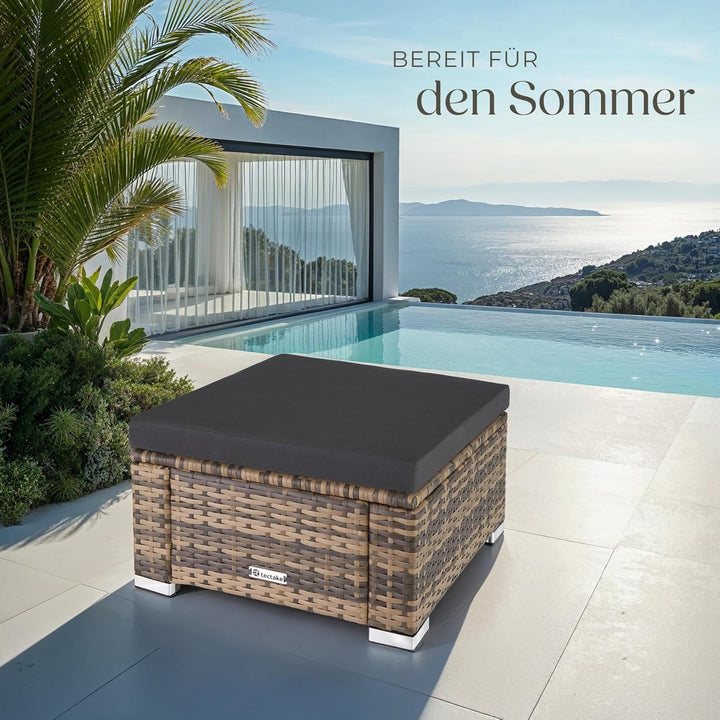 tectake® witterungsbeständiger Outdoor Rattan Hocker mit abnehmbarem Kissen, Lounge Hocker, Balkon M