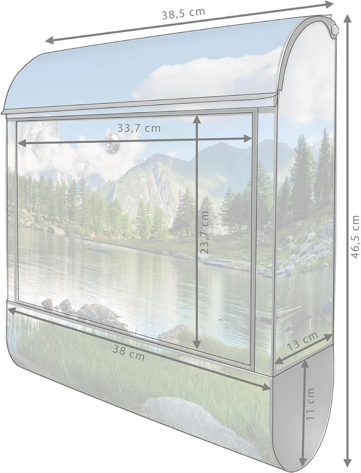 banjado® Design Briefkasten mit Motiv Gebirgssee 39x47x14cm &amp; 2 Schlüssel - Briefkasten Stahl schwar