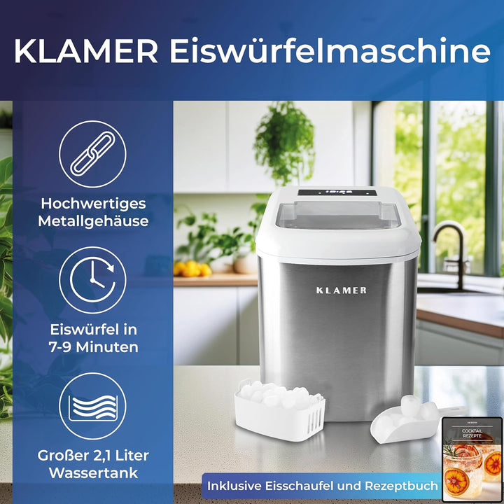 KLAMER Eiswürfelmaschine klein mit Eisschaufel & 2 Eiswürfelgrössen - 10 Eiswürfel in nur 7 Min, 15