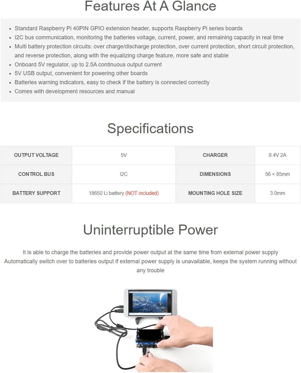 Waveshare UPS HAT Compatible with Raspberry Pi 5V Uninterruptible Power Supply Multi Battery Protect