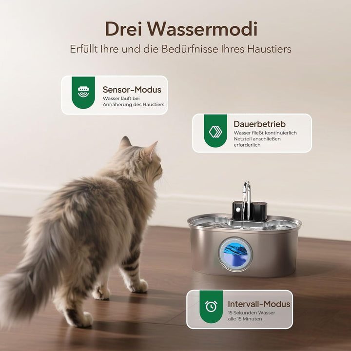 Kabelloser Katzenbrunnen aus Edelstahl, 3,2L – Batteriebetriebener Wasserspender mit Bewegungssensor