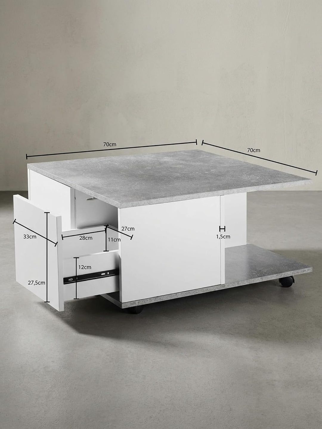 Couchtisch RAPIDO: 70x70x36,5 cm, 2 Schubladen, Rollen, Melaminharzbeschichtung, Weiss/Anthrazit Far