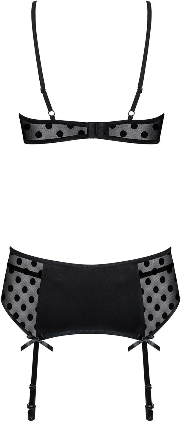Obsessive Damen Dessous-Set mit BH, Strapsgürtel und sexy Slip in Geschenk-Box, Schwarz-gepunktet, S