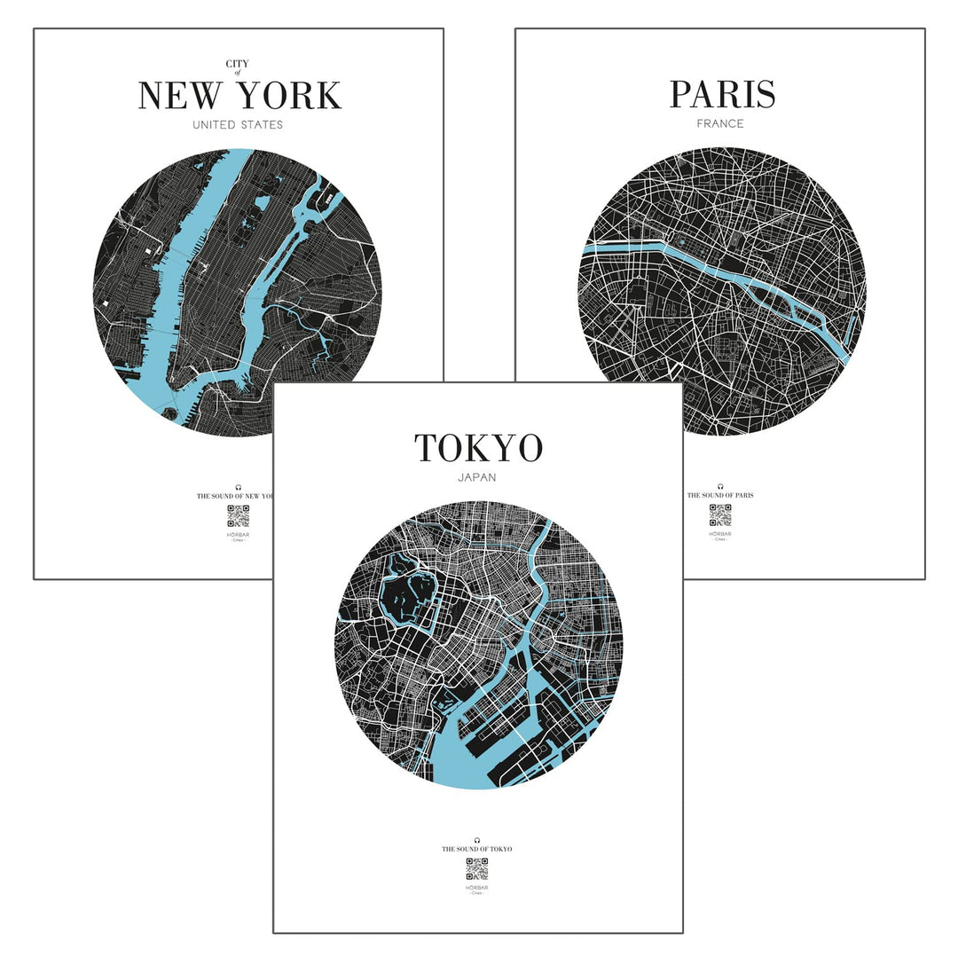 VALINA HÖRBAR RELAX | Hörbild | 3er-Set | New York + Paris + Tokyo | Poster Poster / Papier 30cm x 4