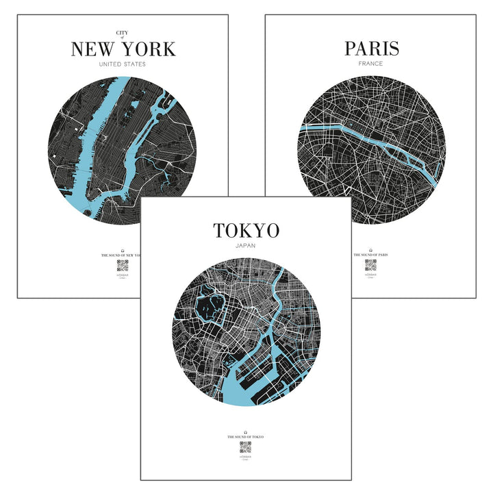 VALINA HÖRBAR RELAX | Hörbild | 3er-Set | New York + Paris + Tokyo | Poster Poster / Papier 30cm x 4