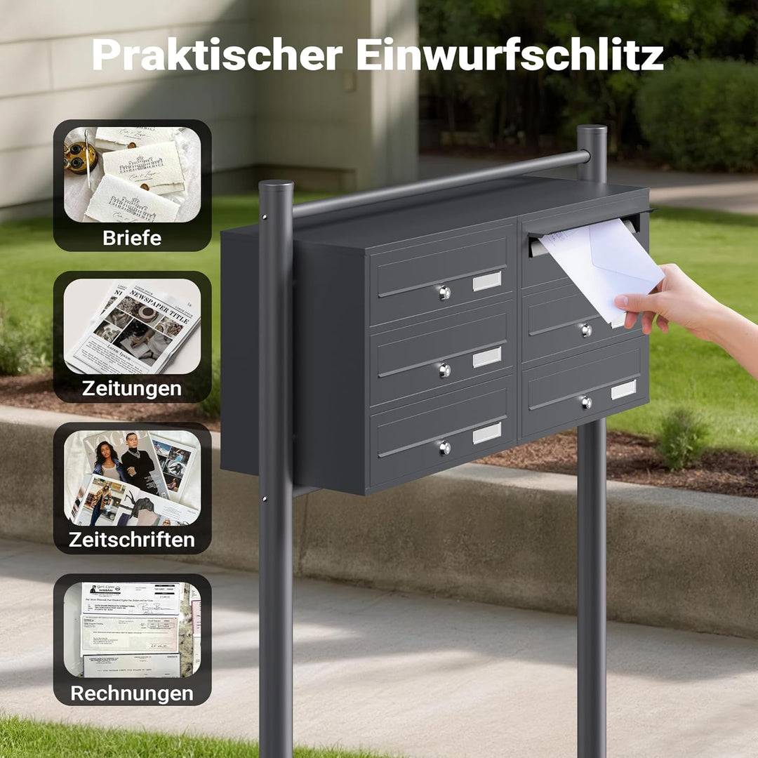 Wiltec 6er Briefkastenanlage Anthrazit 898 x 270 x 1150 mm, Standbriefkasten mit 2x3 Fächern, Schlüs