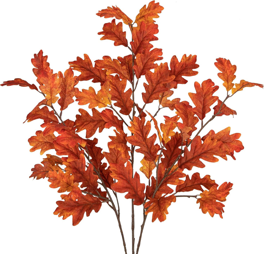 Hollyone 3 Stück Künstliche Eichenblätter Orange Herbstliche Kunstzweige 77 cm Stiel Künstlicher Dek
