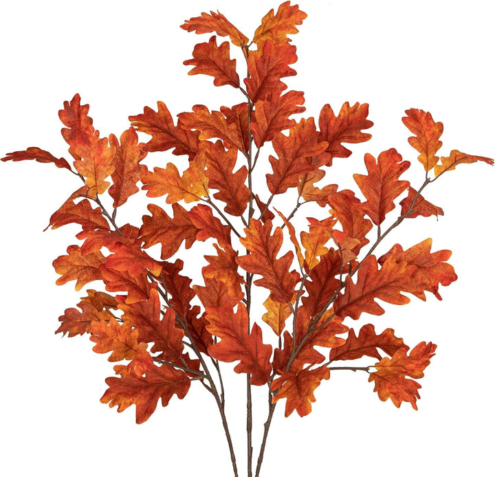 Hollyone 3 Stück Künstliche Eichenblätter Orange Herbstliche Kunstzweige 77 cm Stiel Künstlicher Dek