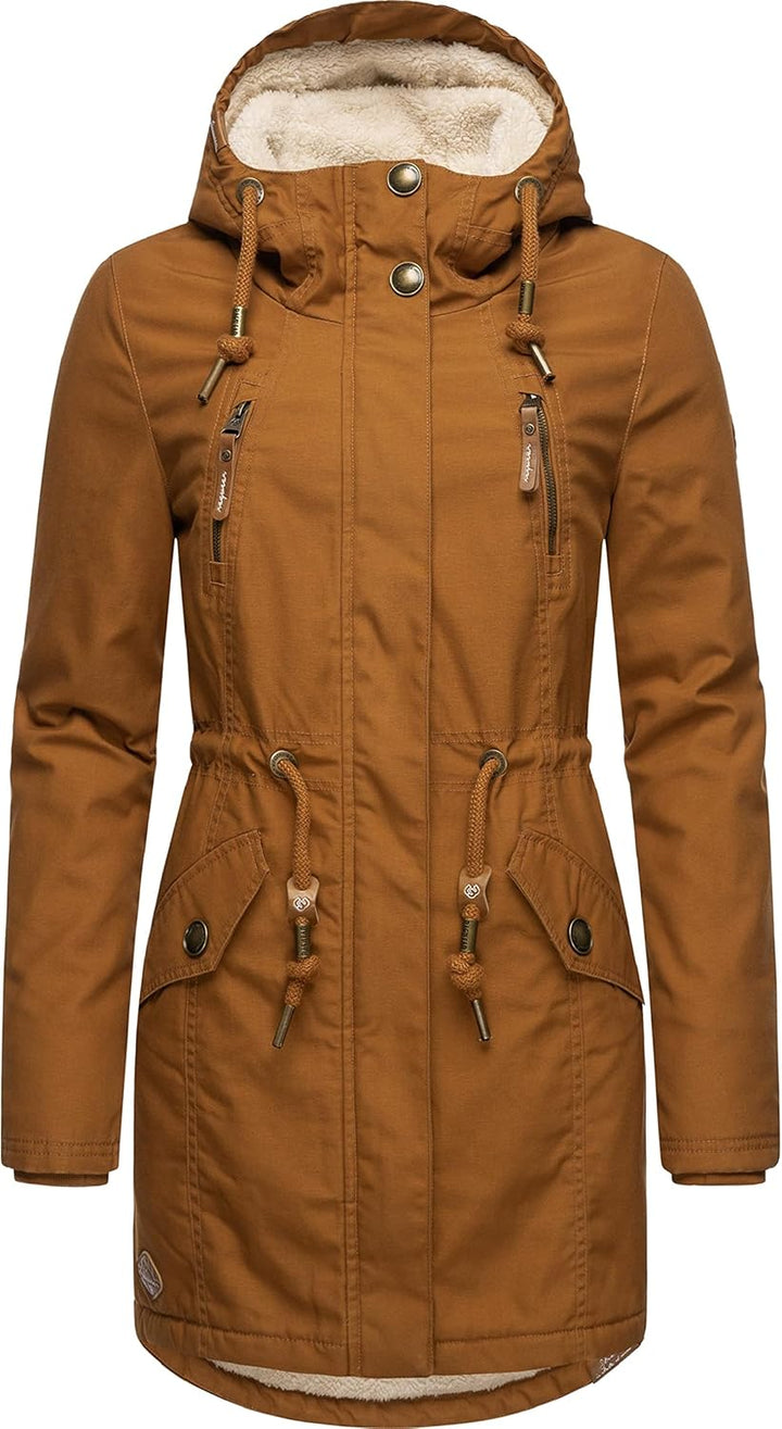 Ragwear Damen Mantel Lange warme Winterjacke mit Teddyfell-Kapuze Elsie Intl XS-5XL L Cinnamon22, L