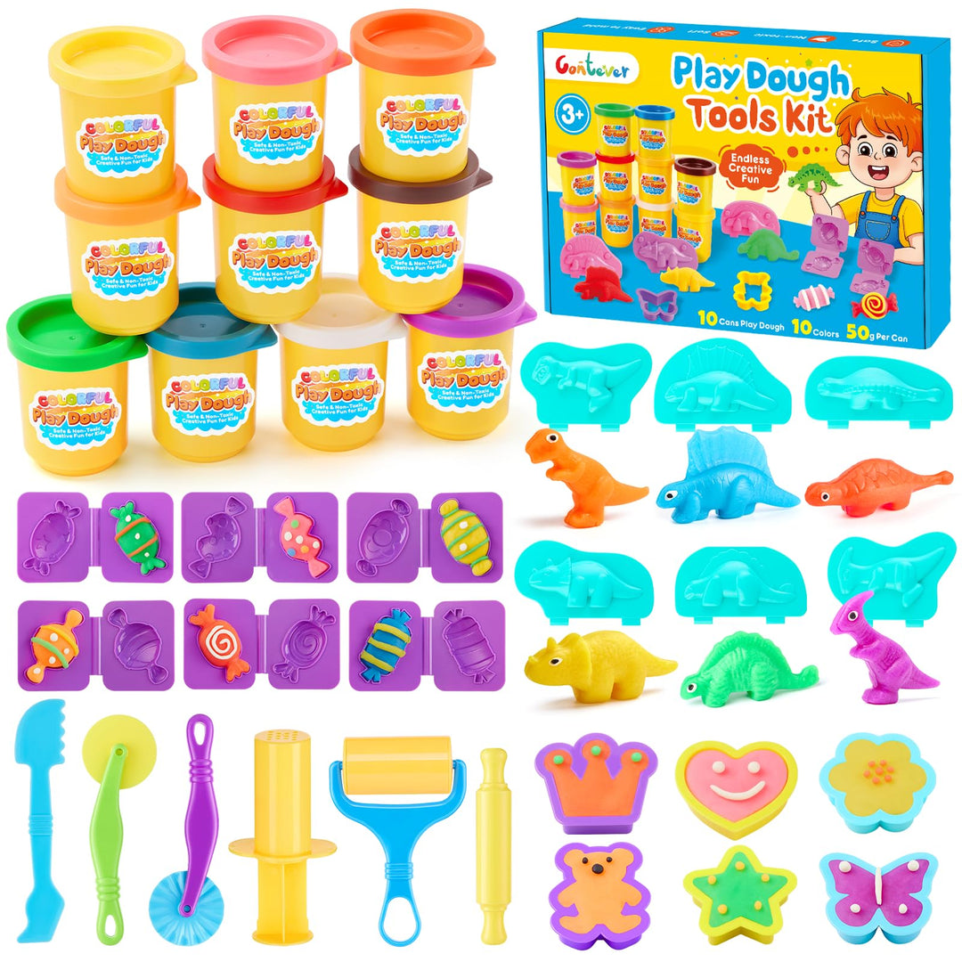 34 Stück Knete Zubehör für Kinder, Knetmasse Set mit 10 Dosen à 50g ungiftige Knete, Dinosaurier &amp; B