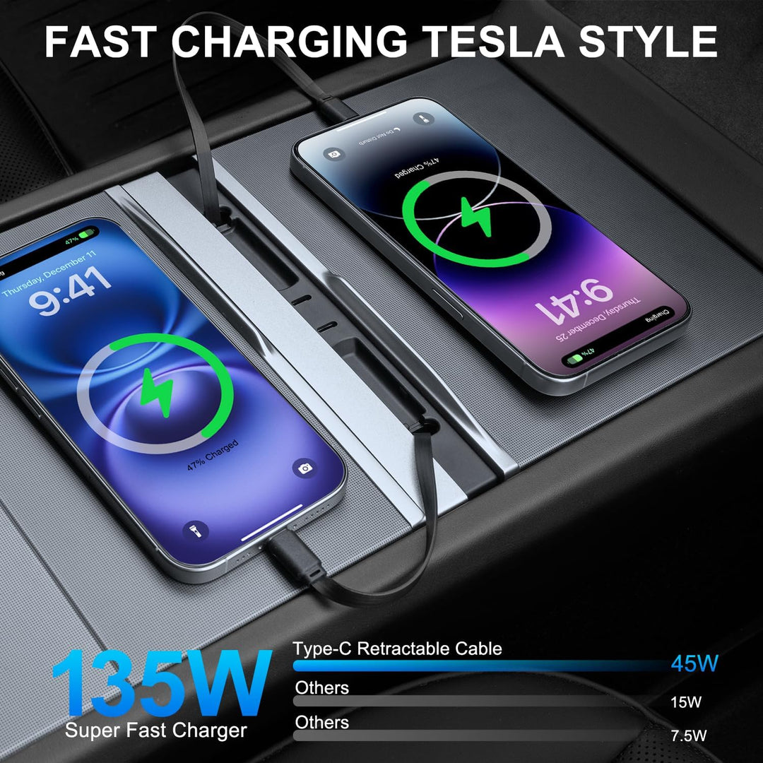 USB Hub für Tesla Model Y Juniper 2025-2026 und Model 3 Highland 2024-2025, 135W Zwei Ausziehbare Ty