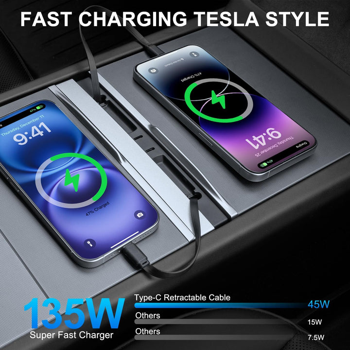 USB Hub für Tesla Model Y Juniper 2025-2026 und Model 3 Highland 2024-2025, 135W Zwei Ausziehbare Ty