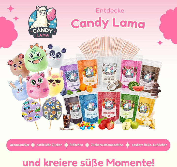 CANDY LAMA Zuckerwattemaschine für Zuhause | Cotton Candy Machine mit Stäbchen und Messlöffel | Zuck
