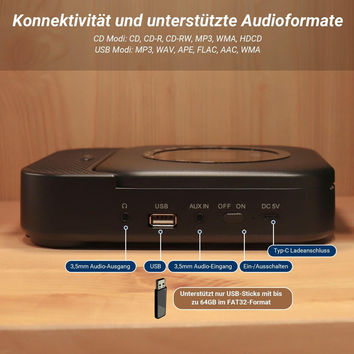 August SE15 Tragbarer Bluetooth 5.3 CD Player mit Lautsprecher 3,5mm Audio In/Out Wiederaufladbar CD