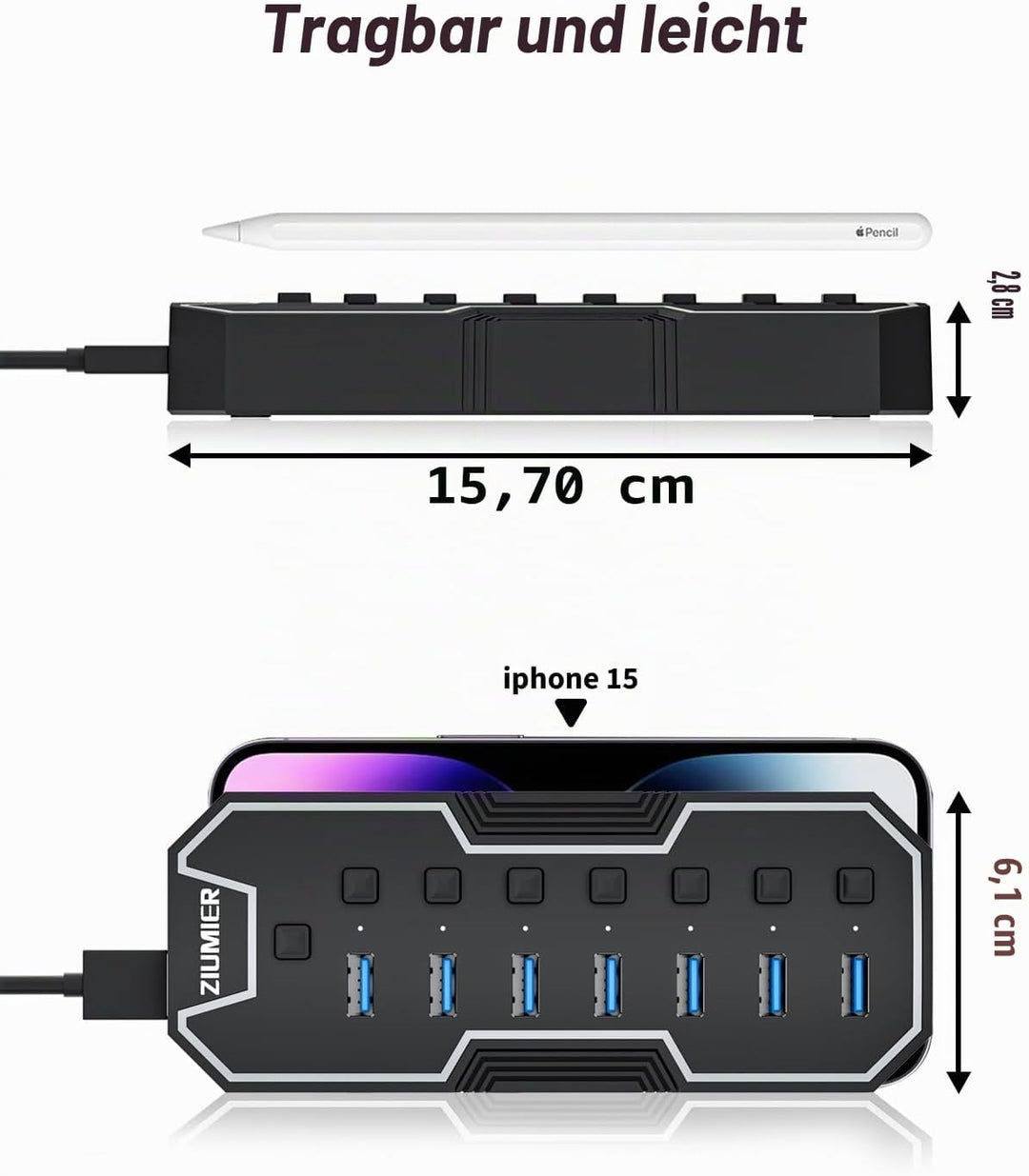 ZIUMIER USB 3.0-Hub, 7-Port-USB-Expander mit RGB-LED-Streifen für MacBook, Mac Pro, Mac mini, iMac,
