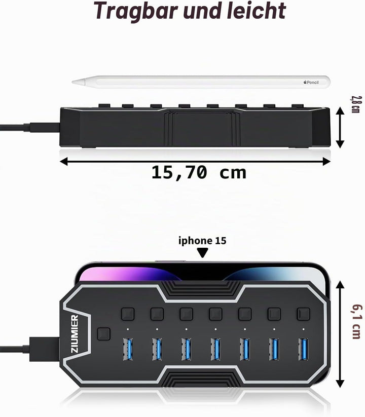 ZIUMIER USB 3.0-Hub, 7-Port-USB-Expander mit RGB-LED-Streifen für MacBook, Mac Pro, Mac mini, iMac,