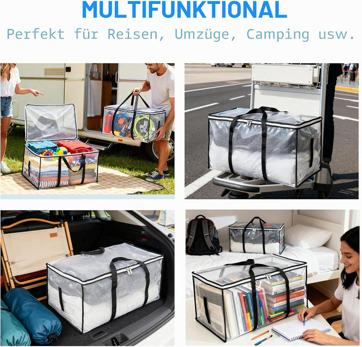 3 Stück Umzugstaschen 88L, transparente Aufbewahrungstaschen aus verstärktem PVC 135 g/m², faltbar,