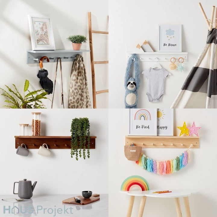 Haus Projekt Wandregal Weiss mit 7 Haken, Leicht Montieren Moderne Kinder Wandgarderobe Holz, Garder