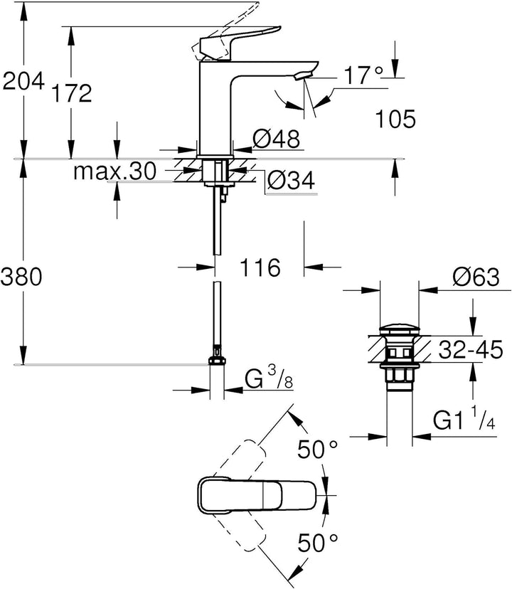 GROHE Dice, Waschtischarmatur, wassersparend (Wasserhahn für das Bad, Badarmatur mit Push-Open Ablau