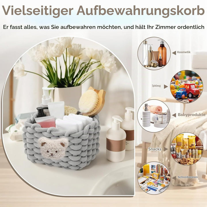 2 Stück Aufbewahrungskorb Geflochten Baumwolle Strickkorb, Organizer Klein Körbchen mit Bärenmotiv A