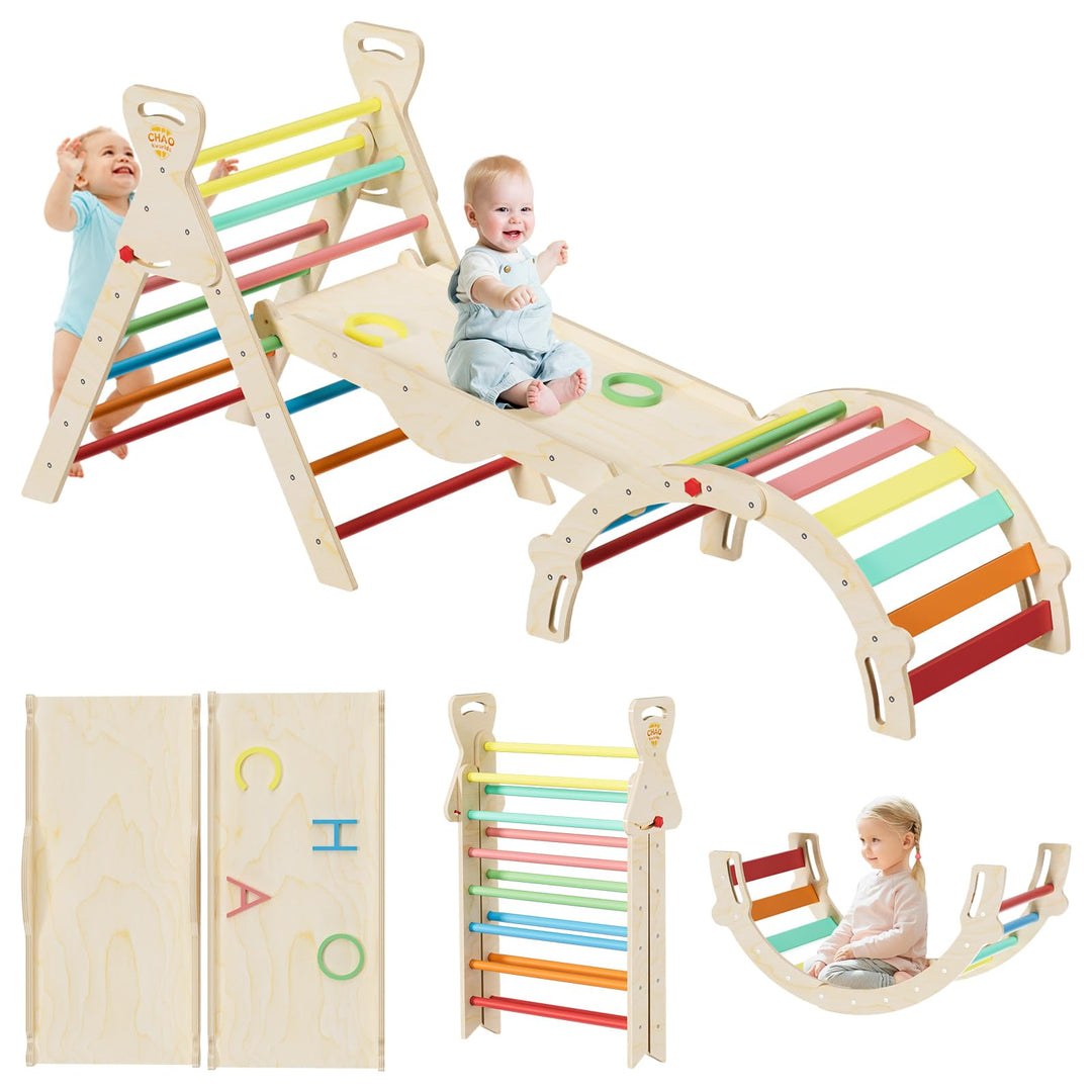 Pikler Dreieck 8-in-1 klappbar, Montessori Klettergerüst Indoor aus Holz mit Rutsche, Kletterbogen u