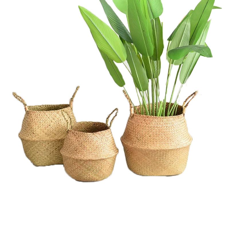 GOODCHANCEUK 3er Set Wäschekorb Faltbar Seegras Blumenkorb Handgewebt Blumen Stroh Korb für Pflanze
