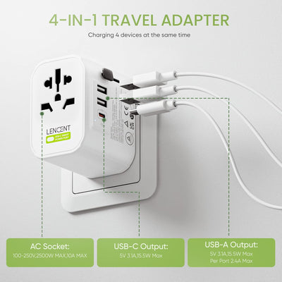 LENCENT Reiseadapter Reisestecker Weltweit 2-Pin EU Steckdose 2500W auf 3-Pol mit USB-C & 2 USB-A In