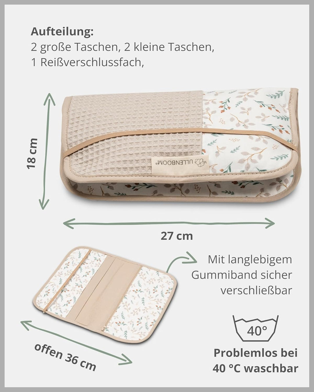 ULLENBOOM ® Windeltasche für unterwegs, Floral-Sand, Made in EU - Wickeltasche für bis zu 3 Windeln,