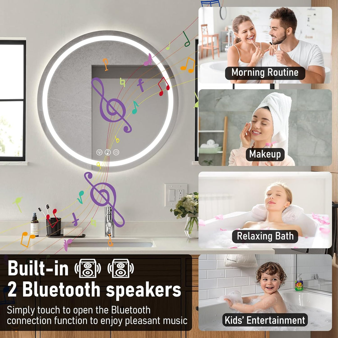 Bluetooth Badezimmerspiegel mit Beleuchtung, 50cm Runder Spiegel mit Beleuchtung, Wandspiegel mit Fr