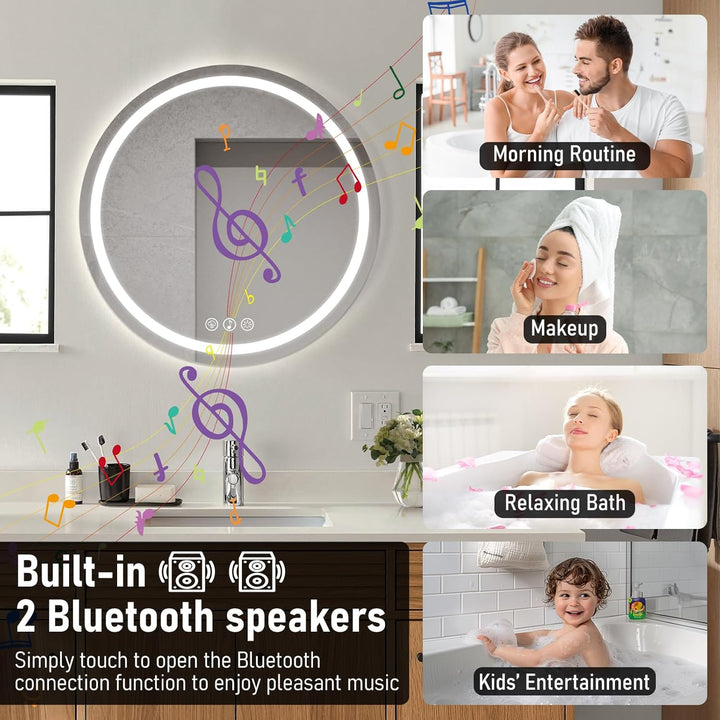 Bluetooth Badezimmerspiegel mit Beleuchtung, 50cm Runder Spiegel mit Beleuchtung, Wandspiegel mit Fr