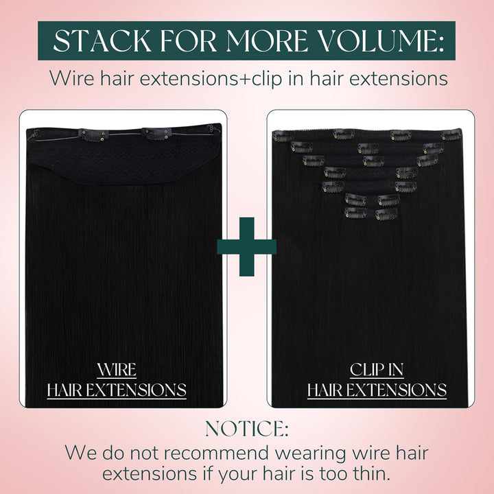 Easyouth Echthaar Extension mit Draht Schwarz Wire Extension Echthaar mit Draht Schwarz Extension Ha