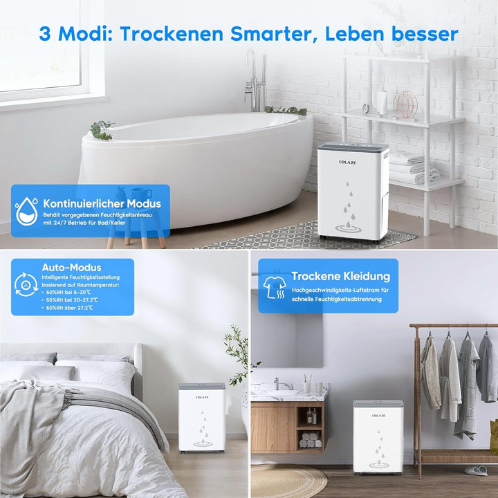 COLAZE Luftentfeuchter 20L/24h, Luftentfeuchter Elektrisch für Raumgrössen bis zu 150m³/50m², Entfeu