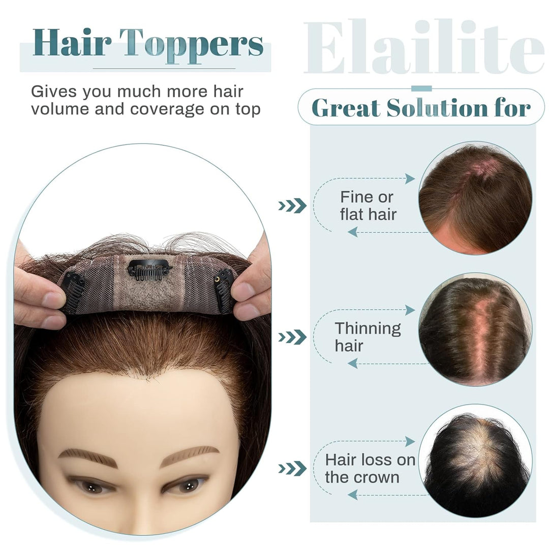 Elailite Clip in Toupet Frauen Haarteil Echthaar Topper Seide Basis 25cm 35g Clip in Extensions Haar