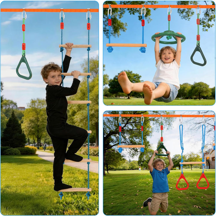 Ninja Warrior Slackline Set für Kinder, Ninja Line Kinder, Slackline 15M Hindernisse Set, Turnringe