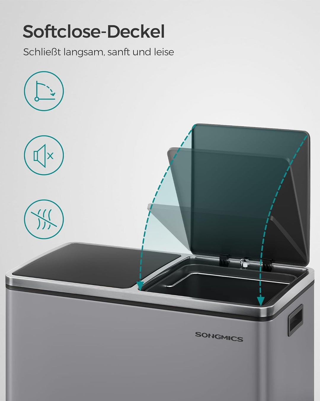 SONGMICS Mülleimer, 2 x 30 Liter, 2 Fächer, Mülltrennsystem, Treteimer, Abfalleimer Küche, 15 Müllsä